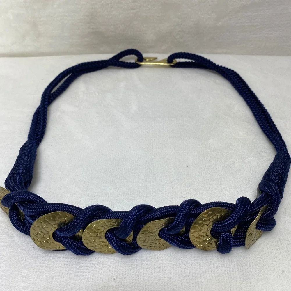 VTG Braided Navy Cord Rope Belt with Gold Tone Buckle‎ Adjustable Stetches